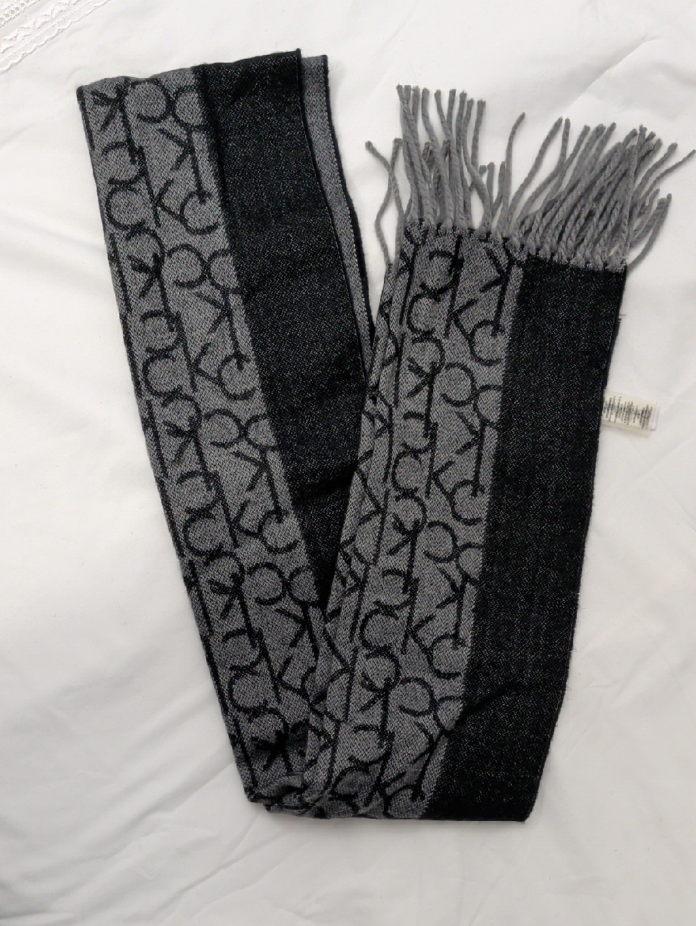 Calvin Klein Black & Gray Monogram Fringe Scarf